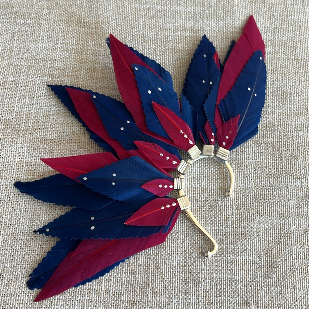 Navy blue and burgundy red feather ear cuff, pierce feee earring, silver design